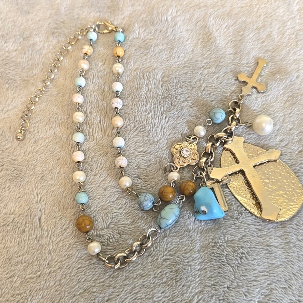 #547 Vintage Gold and Turquoise Cross Charm Necklace 10 Inches